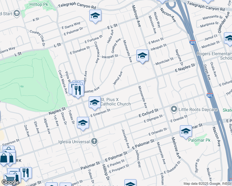 map of restaurants, bars, coffee shops, grocery stores, and more near 98 East Naples Street in Chula Vista