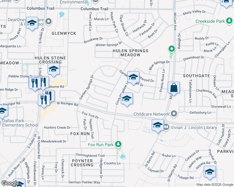 map of restaurants, bars, coffee shops, grocery stores, and more near 3804 Garden Springs Drive in Fort Worth