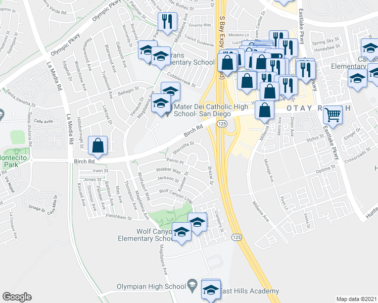 map of restaurants, bars, coffee shops, grocery stores, and more near 1797 Perrin Place in Chula Vista