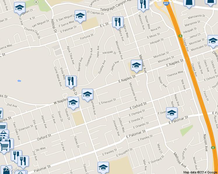 map of restaurants, bars, coffee shops, grocery stores, and more near 91 Leanna Street in Chula Vista