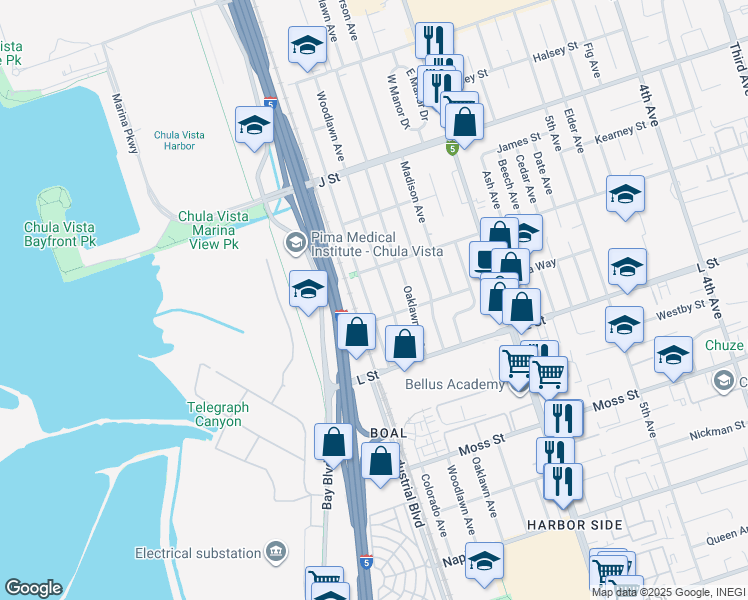 map of restaurants, bars, coffee shops, grocery stores, and more near 843 Colorado Avenue in Chula Vista