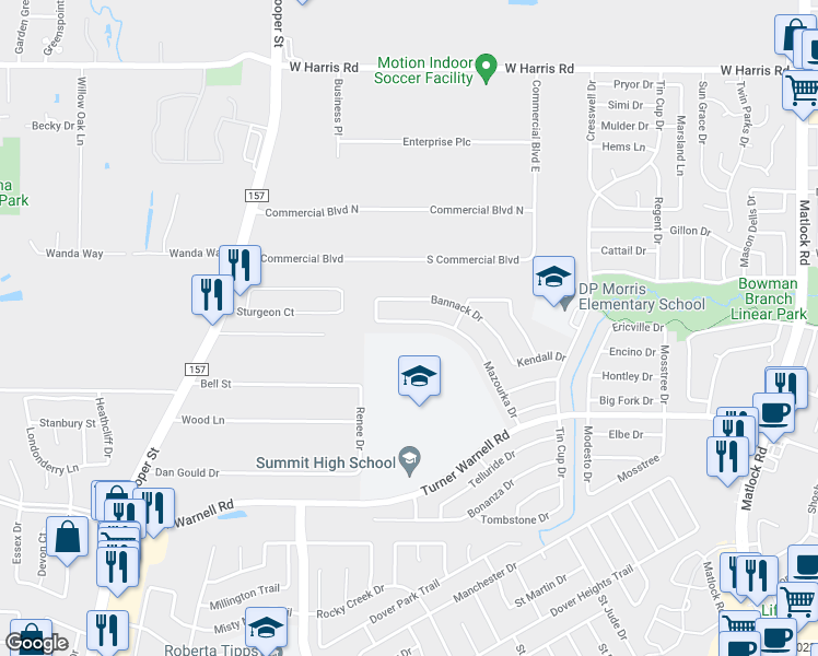 map of restaurants, bars, coffee shops, grocery stores, and more near 1108 Mazourka Drive in Arlington