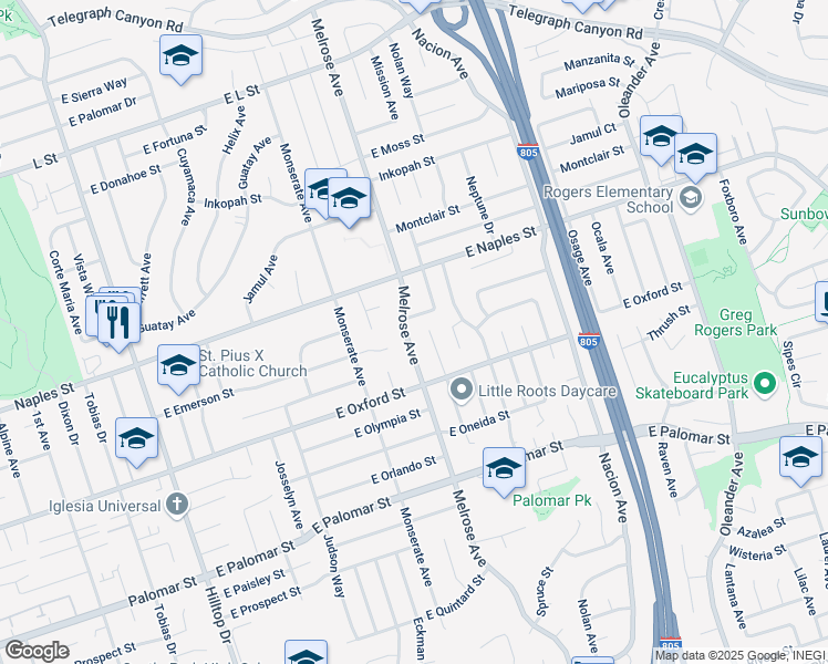 map of restaurants, bars, coffee shops, grocery stores, and more near 1166 Melrose Avenue in Chula Vista