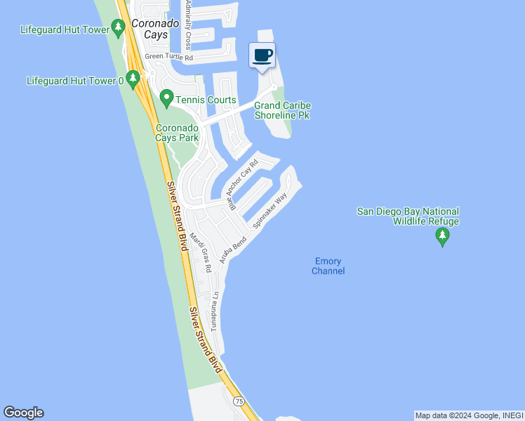map of restaurants, bars, coffee shops, grocery stores, and more near 46 Spinnaker Way in Coronado