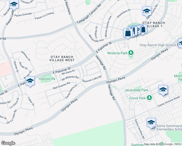map of restaurants, bars, coffee shops, grocery stores, and more near 1163 Sparrow Lake Road in Chula Vista