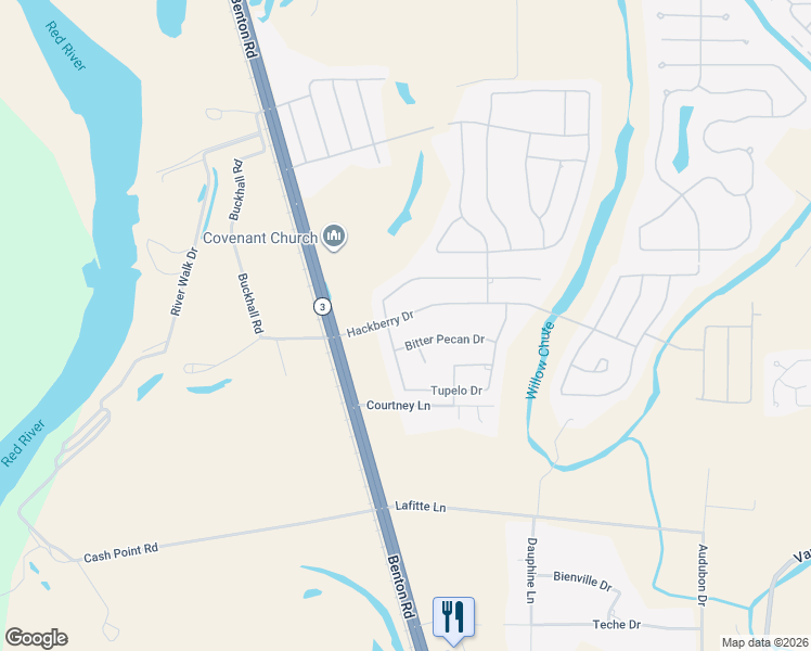 map of restaurants, bars, coffee shops, grocery stores, and more near 100 Button Willow Drive in Bossier City