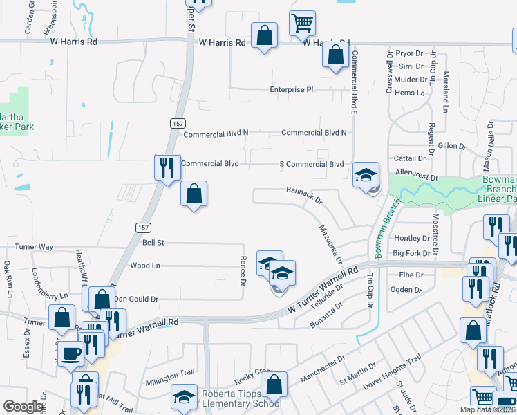 map of restaurants, bars, coffee shops, grocery stores, and more near 1071 Turner Warnell Road in Arlington