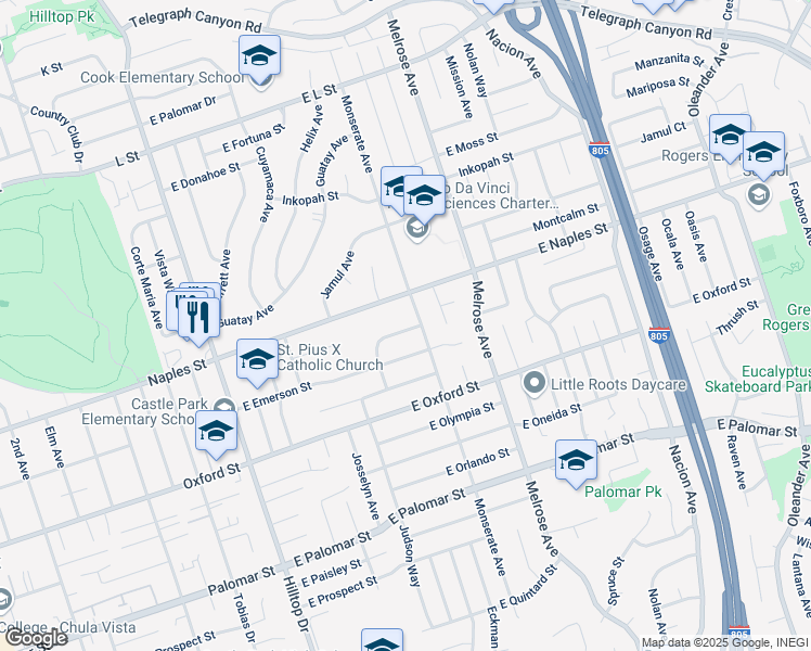 map of restaurants, bars, coffee shops, grocery stores, and more near 185 Theresa Way in Chula Vista