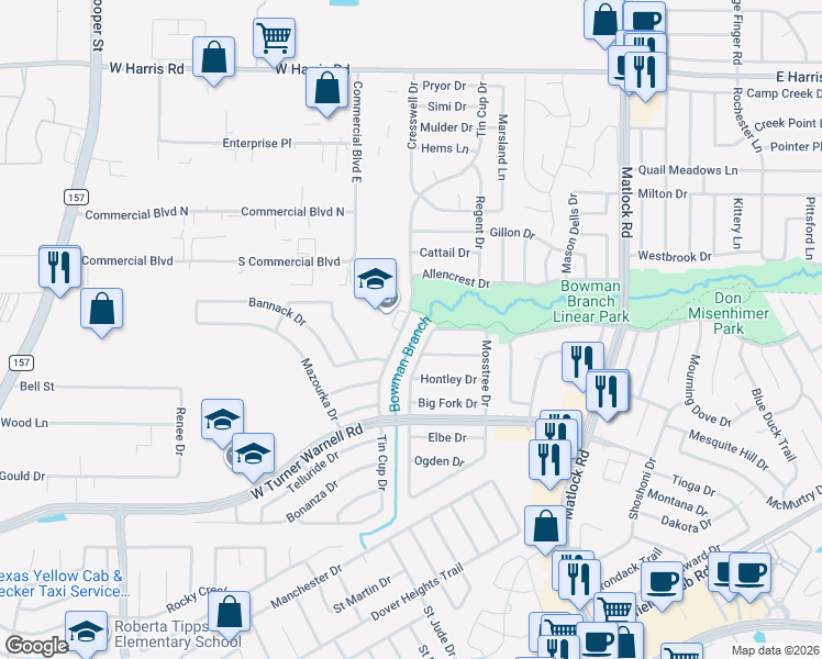 map of restaurants, bars, coffee shops, grocery stores, and more near 7912 Modesto Drive in Arlington
