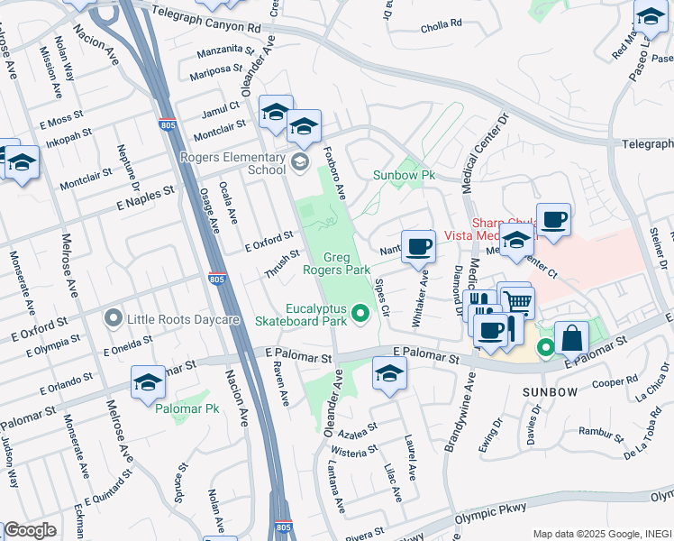 map of restaurants, bars, coffee shops, grocery stores, and more near 1299 Oleander Ave in Chula Vista