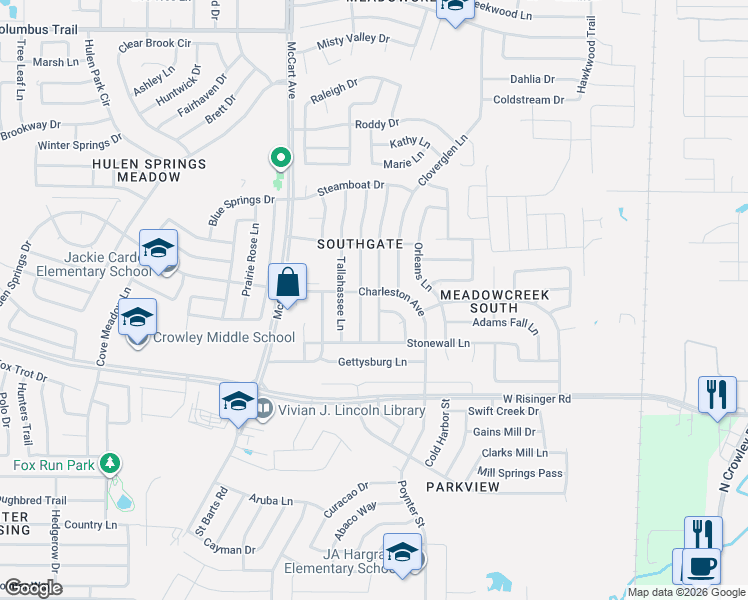 map of restaurants, bars, coffee shops, grocery stores, and more near 8521 Auburn Drive in Fort Worth