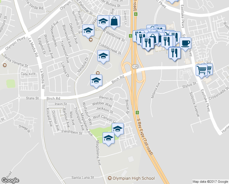 map of restaurants, bars, coffee shops, grocery stores, and more near 1797 Perrin Place in Chula Vista