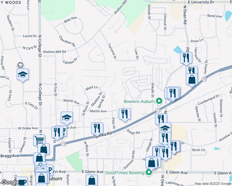 map of restaurants, bars, coffee shops, grocery stores, and more near 507 Harris Street in Auburn