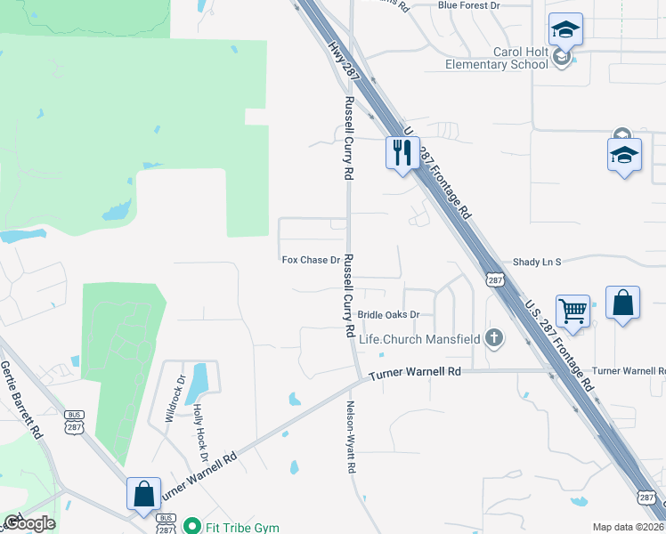 map of restaurants, bars, coffee shops, grocery stores, and more near 7901 Russell Curry Road in Arlington