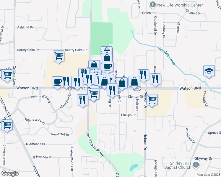map of restaurants, bars, coffee shops, grocery stores, and more near 2600 Watson Boulevard in Warner Robins
