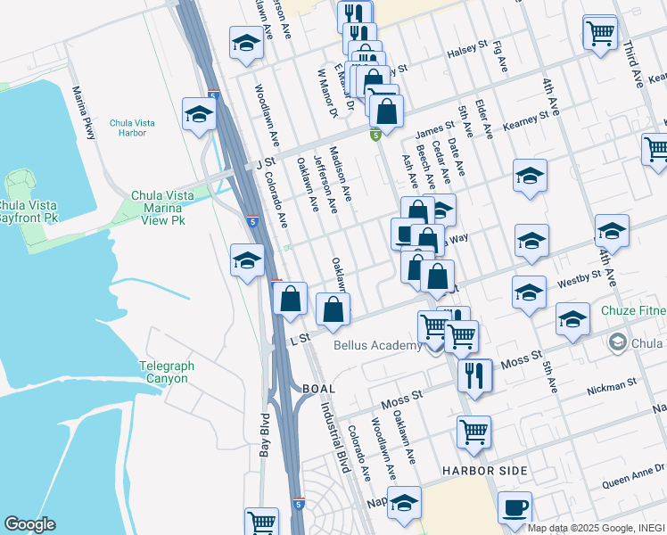 map of restaurants, bars, coffee shops, grocery stores, and more near 819 Oaklawn Avenue in Chula Vista