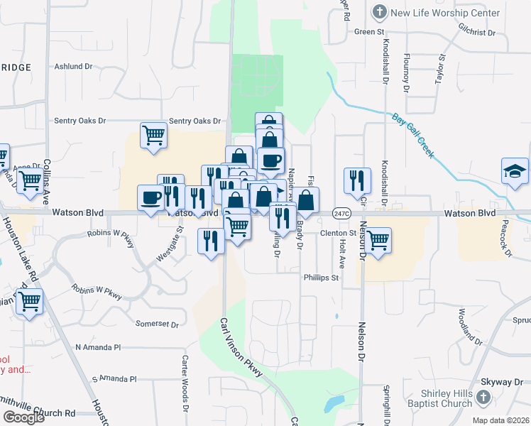 map of restaurants, bars, coffee shops, grocery stores, and more near 2624 Watson Boulevard in Warner Robins