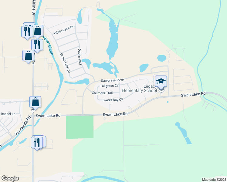 map of restaurants, bars, coffee shops, grocery stores, and more near 2229 Shumark Trail in Bossier City
