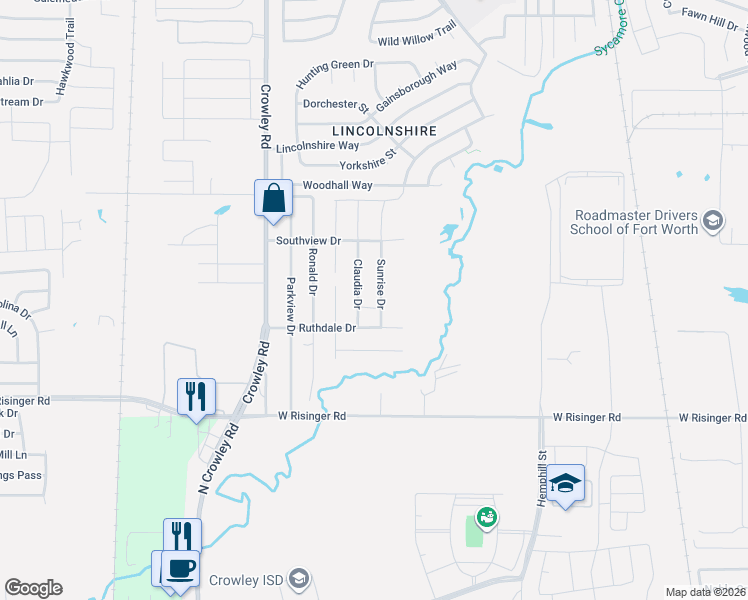 map of restaurants, bars, coffee shops, grocery stores, and more near 9332 Sunrise Drive in Fort Worth