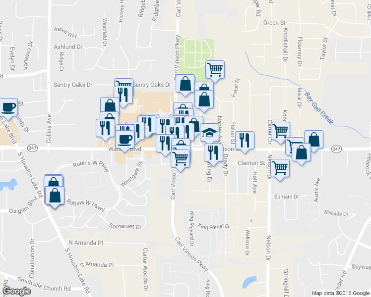 map of restaurants, bars, coffee shops, grocery stores, and more near 2628 Watson Boulevard in Warner Robins