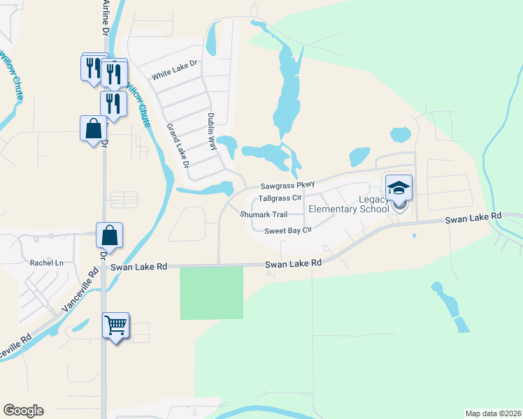 map of restaurants, bars, coffee shops, grocery stores, and more near 2309 Tallgrass Circle in Bossier City