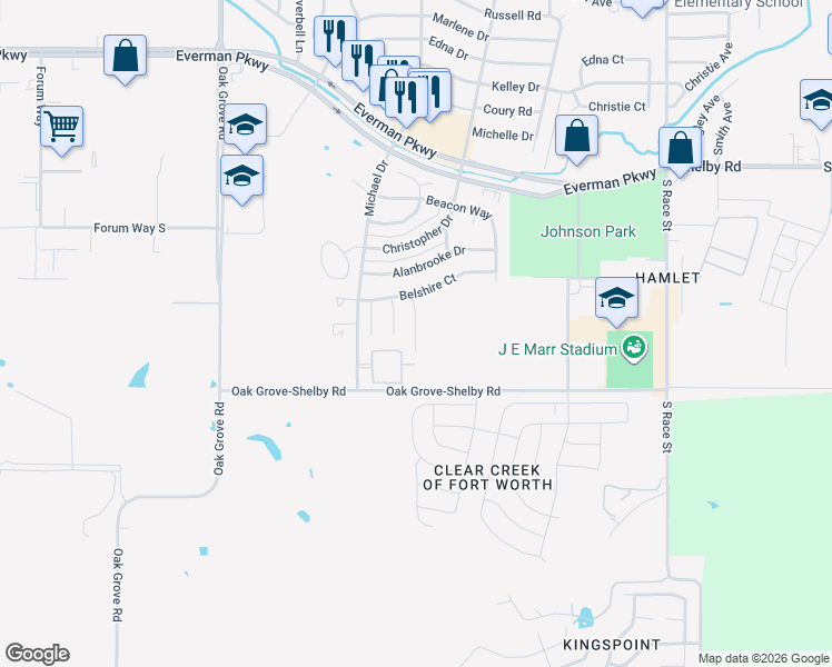 map of restaurants, bars, coffee shops, grocery stores, and more near 9334 Cynthia Court in Fort Worth