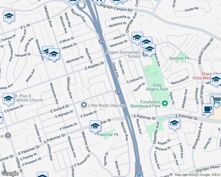 map of restaurants, bars, coffee shops, grocery stores, and more near 1192 Nacion Avenue in Chula Vista
