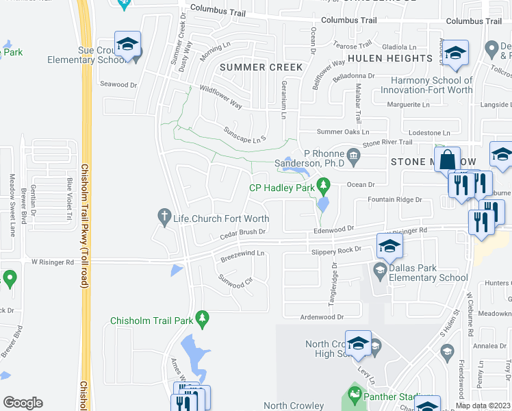 map of restaurants, bars, coffee shops, grocery stores, and more near 4908 Cedar Brush Drive in Fort Worth