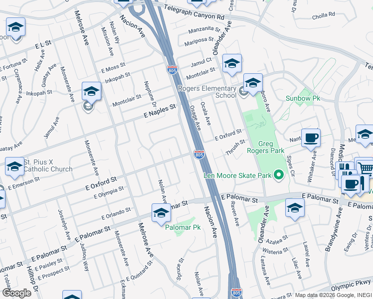 map of restaurants, bars, coffee shops, grocery stores, and more near 1192 Nacion Avenue in Chula Vista