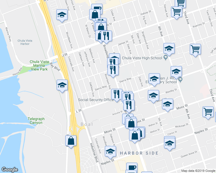 map of restaurants, bars, coffee shops, grocery stores, and more near 842 Broadway in Chula Vista