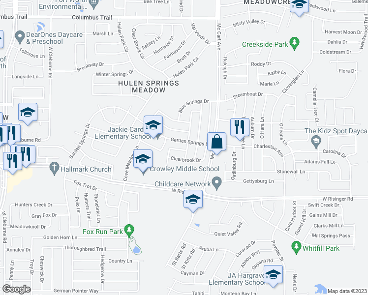 map of restaurants, bars, coffee shops, grocery stores, and more near 8508 Rain Forest Lane in Fort Worth