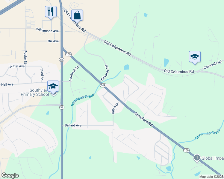 map of restaurants, bars, coffee shops, grocery stores, and more near 400 Crawford Road in Opelika
