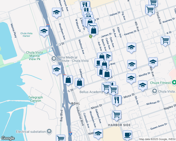 map of restaurants, bars, coffee shops, grocery stores, and more near 657 Sierra Way in Chula Vista
