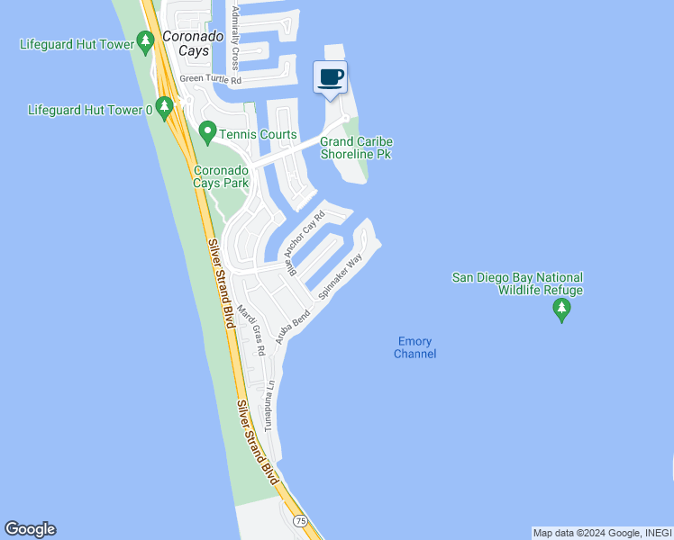 map of restaurants, bars, coffee shops, grocery stores, and more near 40 Spinnaker Way in Coronado