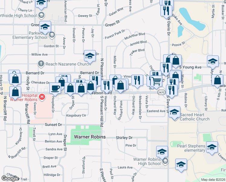 map of restaurants, bars, coffee shops, grocery stores, and more near 1244 Watson Blvd in Warner Robins