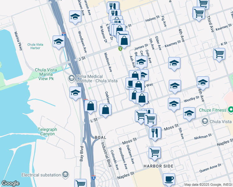 map of restaurants, bars, coffee shops, grocery stores, and more near 657 Sierra Way in Chula Vista