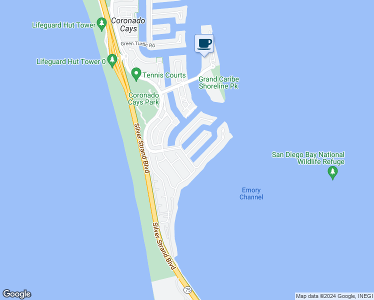 map of restaurants, bars, coffee shops, grocery stores, and more near 32 Buccaneer Way in Coronado