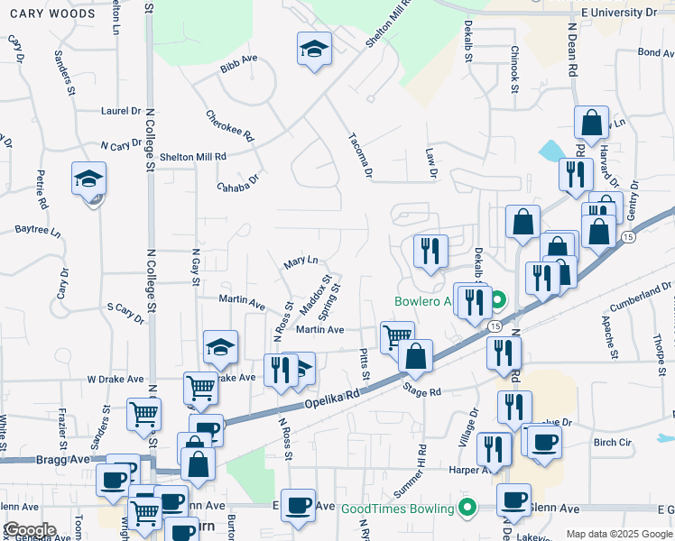 map of restaurants, bars, coffee shops, grocery stores, and more near 520 Mary Lane in Auburn