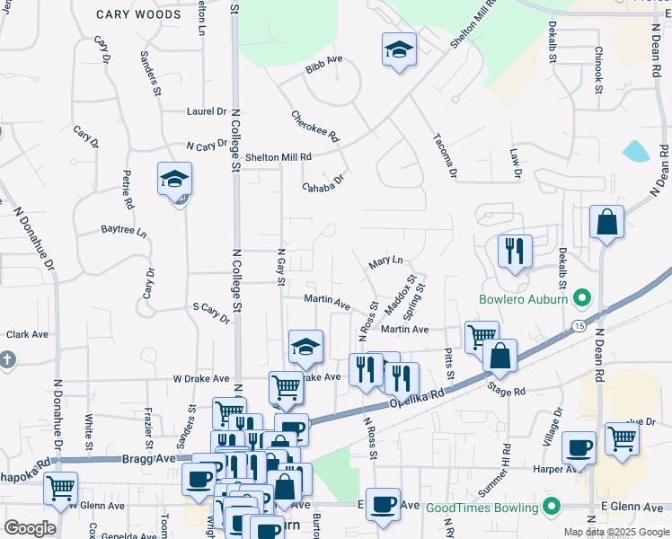 map of restaurants, bars, coffee shops, grocery stores, and more near 656 Center Place in Auburn