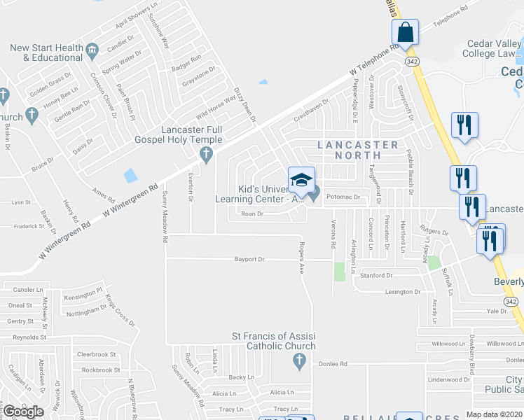 map of restaurants, bars, coffee shops, grocery stores, and more near 1257 Roan Drive in Lancaster
