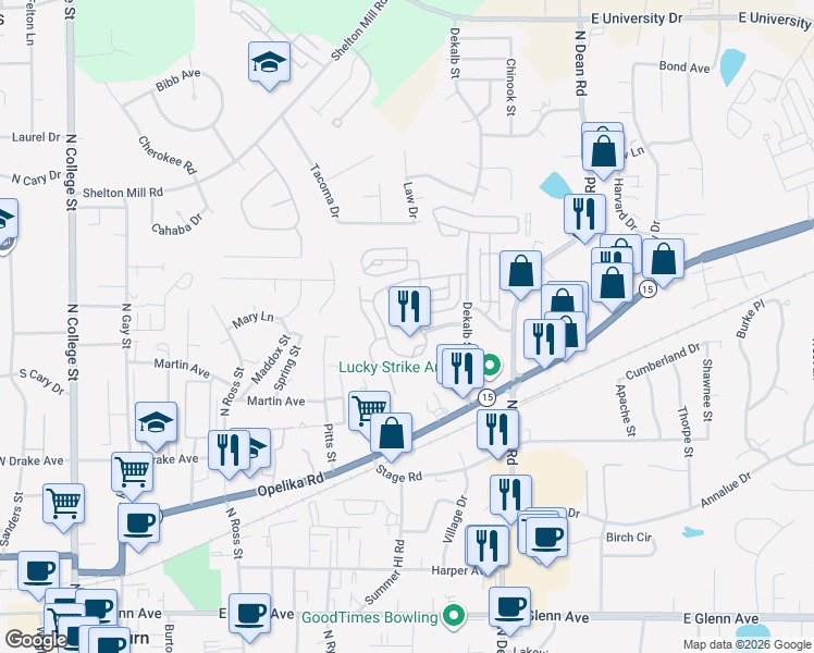 map of restaurants, bars, coffee shops, grocery stores, and more near 650 Dekalb Street in Auburn