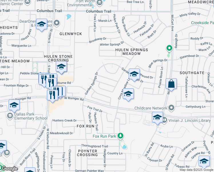 map of restaurants, bars, coffee shops, grocery stores, and more near 3975 Sarasota Springs Drive in Fort Worth