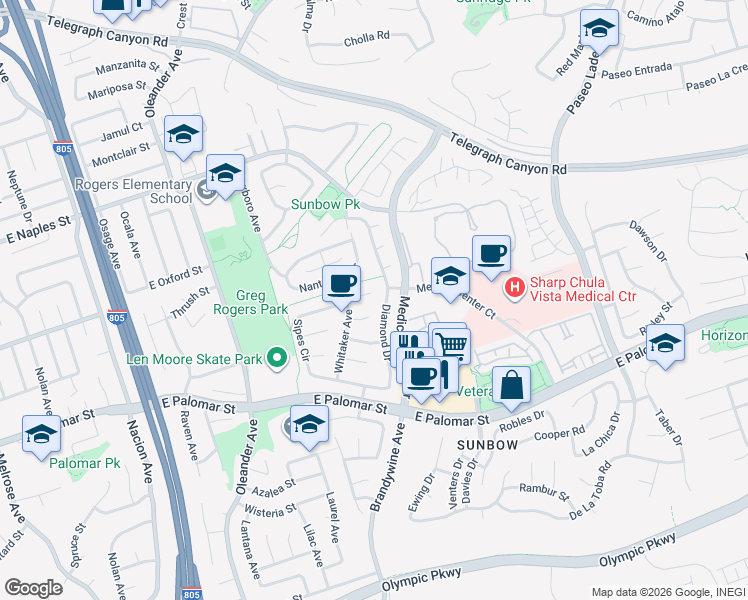 map of restaurants, bars, coffee shops, grocery stores, and more near 625 Sipes Circle in Chula Vista
