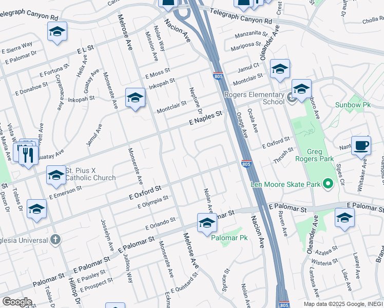 map of restaurants, bars, coffee shops, grocery stores, and more near 1151 Napa Avenue in Chula Vista