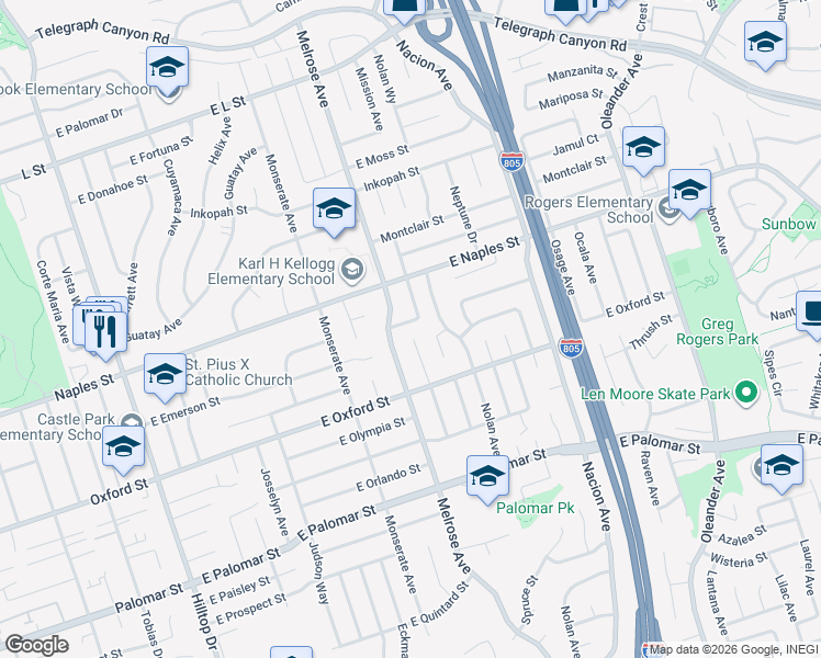 map of restaurants, bars, coffee shops, grocery stores, and more near 1135 Monterey Avenue in Chula Vista