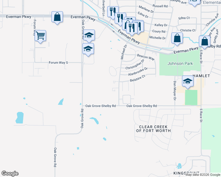 map of restaurants, bars, coffee shops, grocery stores, and more near 1751 Farleigh Court in Fort Worth