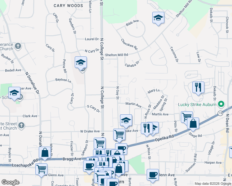 map of restaurants, bars, coffee shops, grocery stores, and more near 639 North Gay Street in Auburn