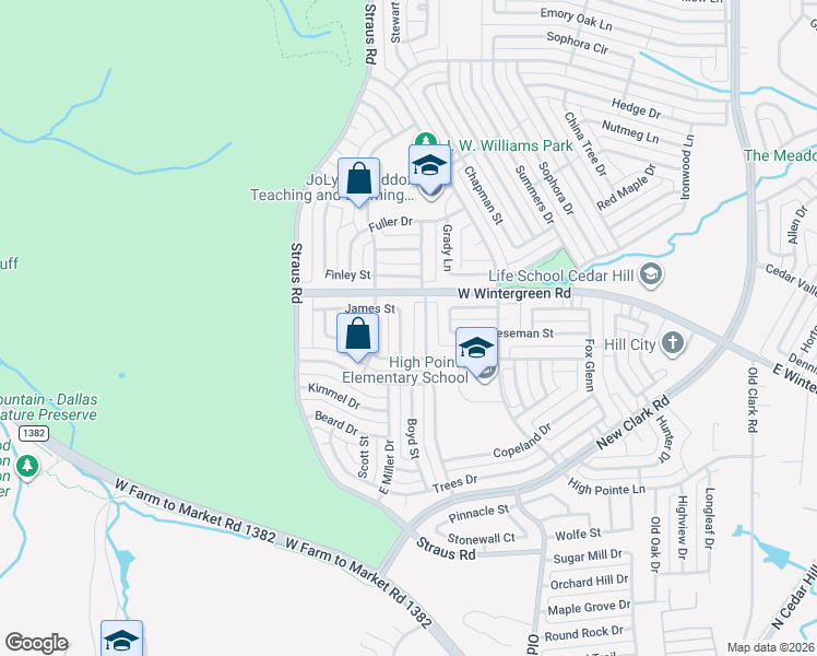 map of restaurants, bars, coffee shops, grocery stores, and more near 1415 Middleton Drive in Cedar Hill