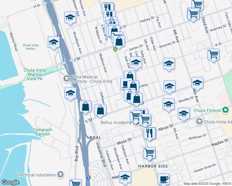 map of restaurants, bars, coffee shops, grocery stores, and more near 828 Madison Avenue in Chula Vista
