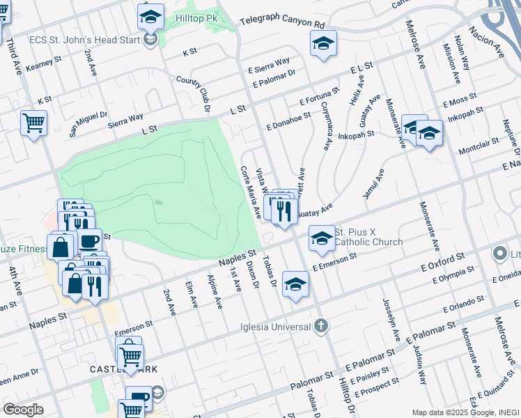 map of restaurants, bars, coffee shops, grocery stores, and more near 1038 Vista Way in Chula Vista